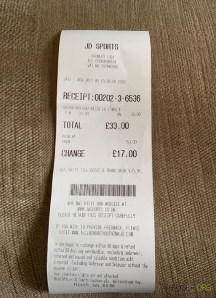 Reçu de paiement du magasin de sport JD